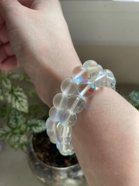 Set of 2 Rainbow White Iridescent Glass Beads mermaid glass statement bracelets
